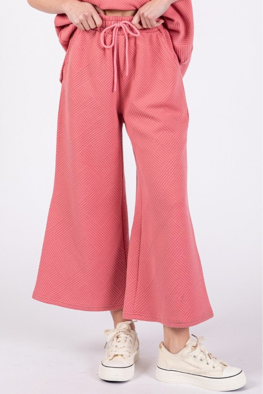 Coral Pink Patterned French Terry Pant Set