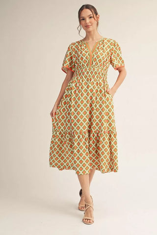 Green/Orange Short Sleeve Geo Print Midi Dress w/ Pockets Final Sale