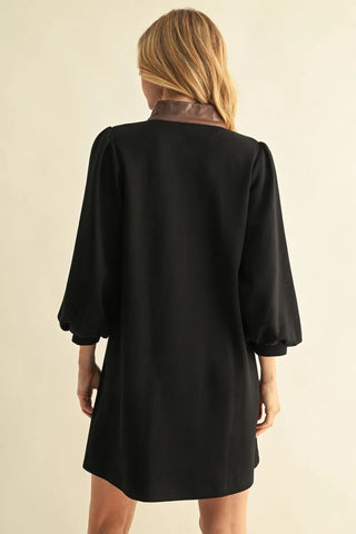Black 3/4 Puff Sleeve Dress with Faux Leather