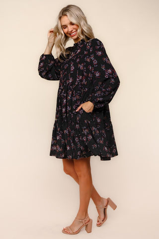 Black Frilled Mock Neck Tiered Floral Woven Dress Final Sale