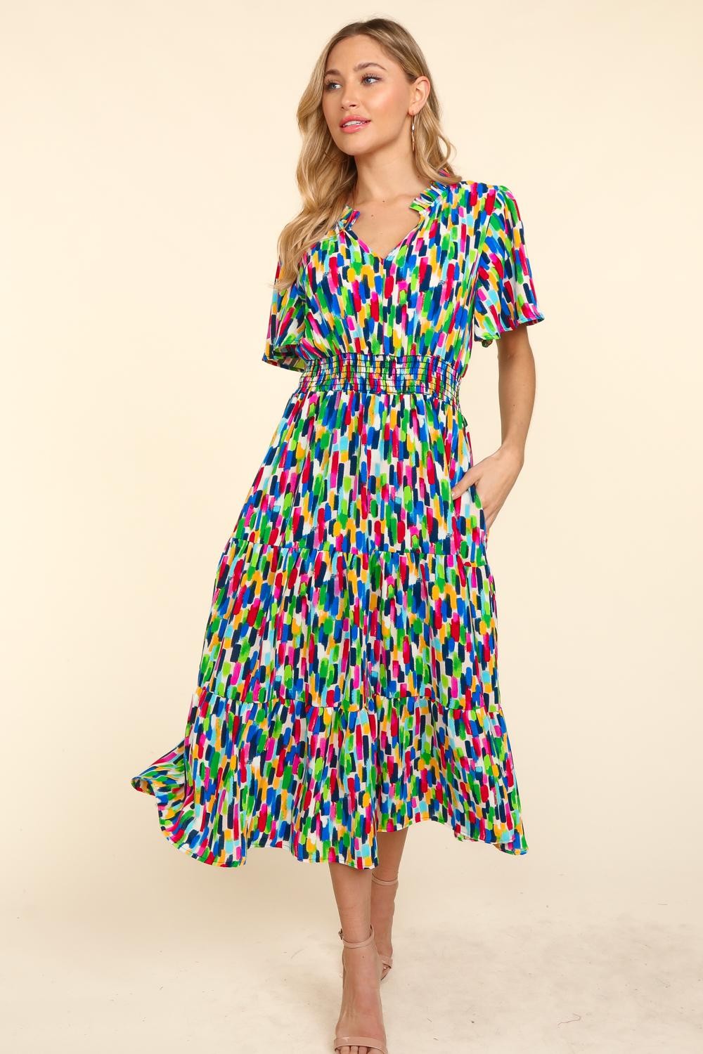 MULTI FIT AND FLARE MAXI FLORAL ABSTRACT DRESS W/ POCKETS