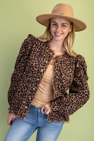 Leopard Collarless Lightweight Jacket w/ Ruffled Shoulders Final Sale