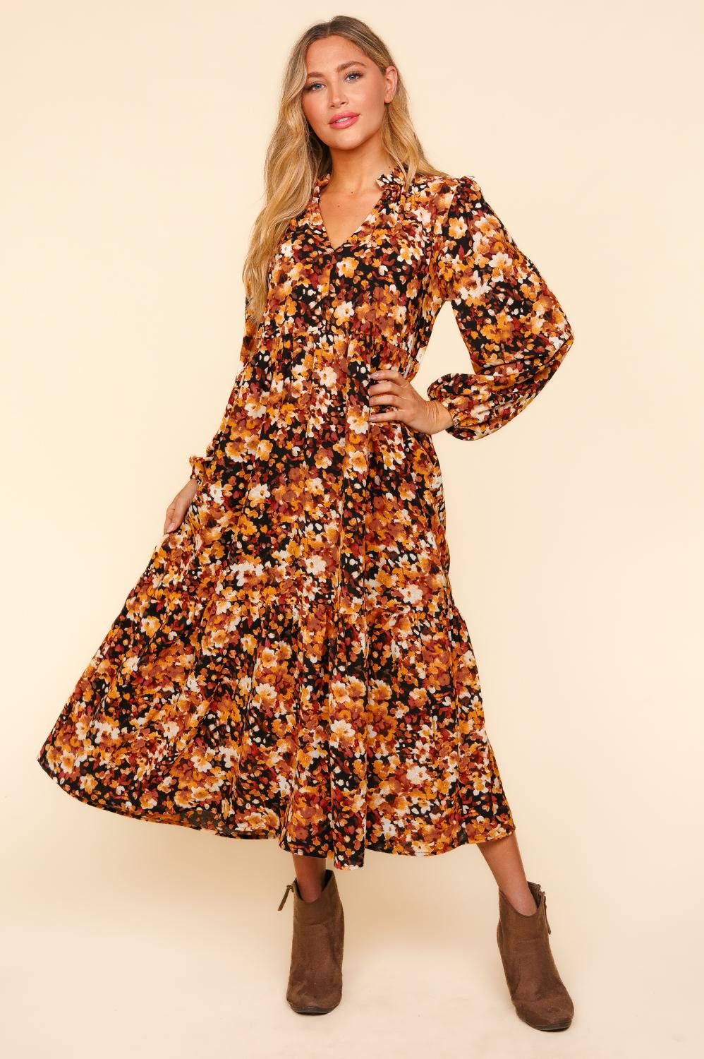 CURVY BABYDOLL FLORAL MAXI DRESS WITH SIDE POCKETS