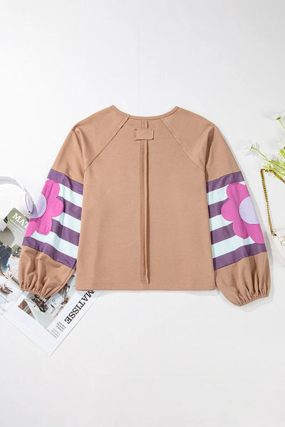 Camel Flower Patch Round Neck Balloon Sleeve Top