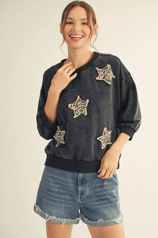 Black 3/4 Sleeve Washed Top w/ Leopard Star Patch Detail