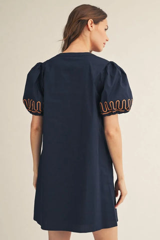 Navy Short Puff Sleeves Embroidered Shift Dress with Pockets