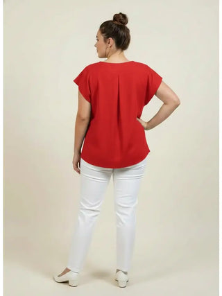 Red Cap Short Sleeve V Neck Top