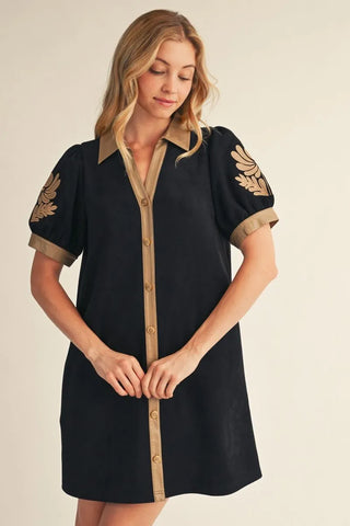 Black Puff Sleeve Button Down Faux Suede Dress w/ Pockets