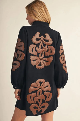 Black Faux Suede Dress with Embroidered Faux Leather Applique and Pockets