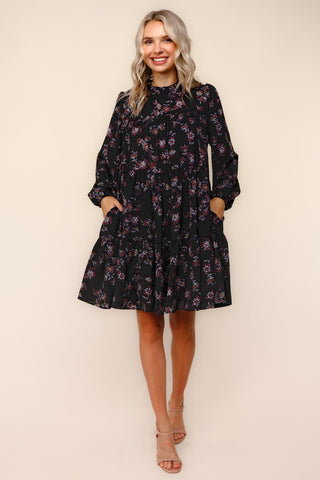 Black Frilled Mock Neck Tiered Floral Woven Dress Final Sale