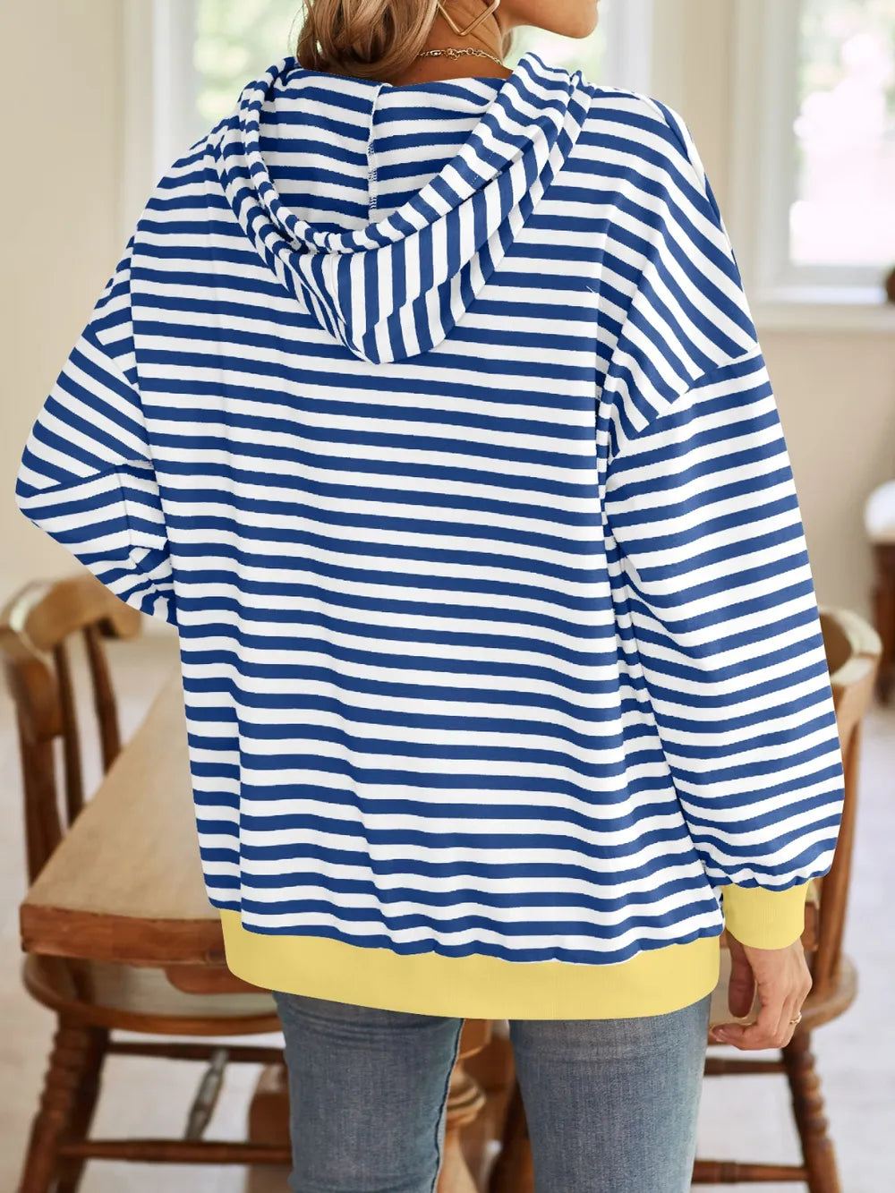 Royal Blue Drawstring Striped Long Sleeve Hoodie