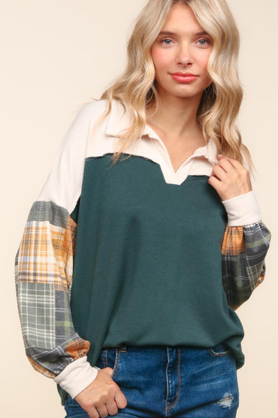 CURVY COLLARED NOTCH NECK COLOR BLOCK PULLOVER TOP