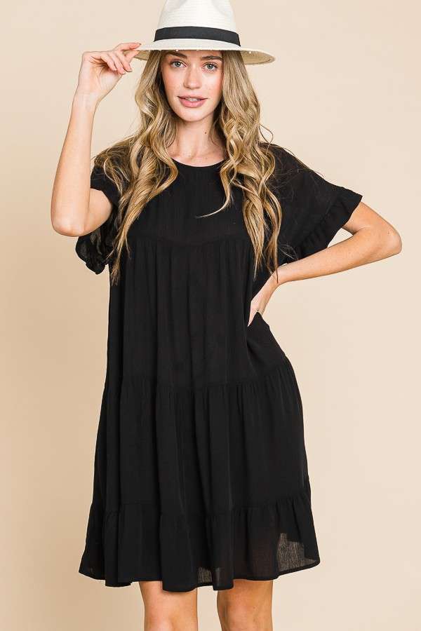 Black Solid Tiered Midi Dress