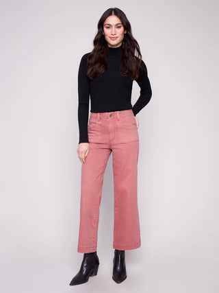Charlie B Cropped Wide Leg Stretch Twill Pants - Primrose