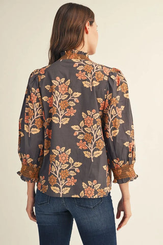Mocha Floral Top with Ruffle, Embroidered Smocking Detail