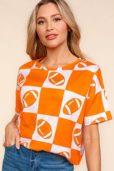 ORANGE GAME DAY FOOTBALL, CHECKER PRINT KNIT TOP