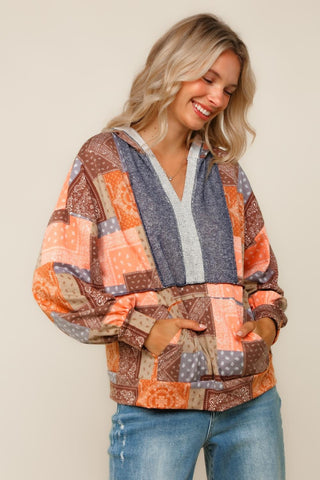 Curvy Boho Patchwork Top W/ Hoodie Final Sale