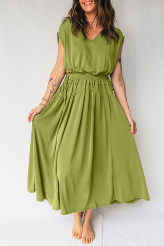 Solid Green V Neck Cap Sleeve Midi Dress w/ Drawstring Elastic Waist FINAL SALE
