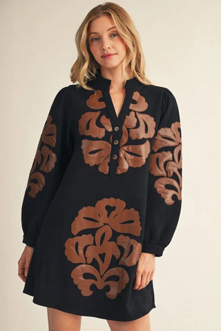 Black Faux Suede Dress with Embroidered Faux Leather Applique and Pockets