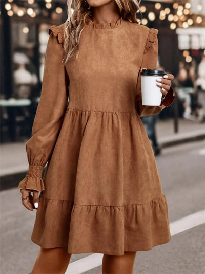 Caramel Frill Round Neck Long Sleeve Mini Dress