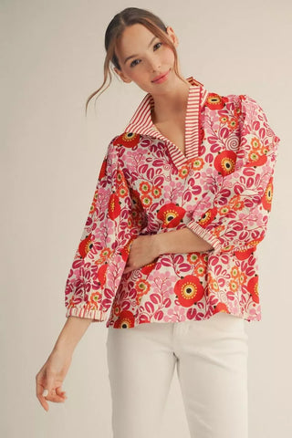 Red Mixed Floral 3/4 Sleeve Top with Striped Contrast