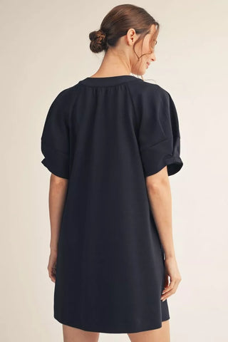 Navy Drop Shoulder Puff Sleeve Shift Dress w/ Pockets