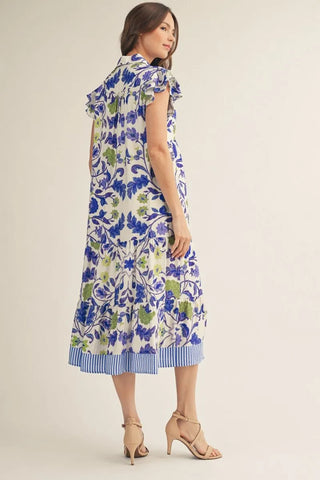 Blue Mix Layered Ruffle Sleeve Floral Midi Dress w/ Pockets FINAL SALE
