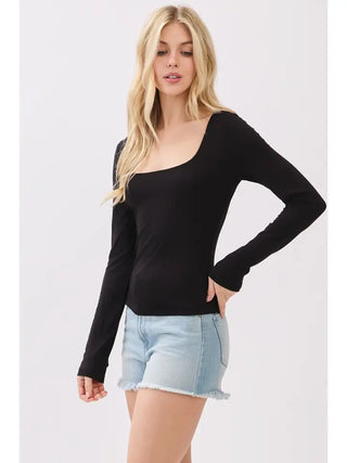 Black Double Layer Square Neck Long Sleeve Basic Top