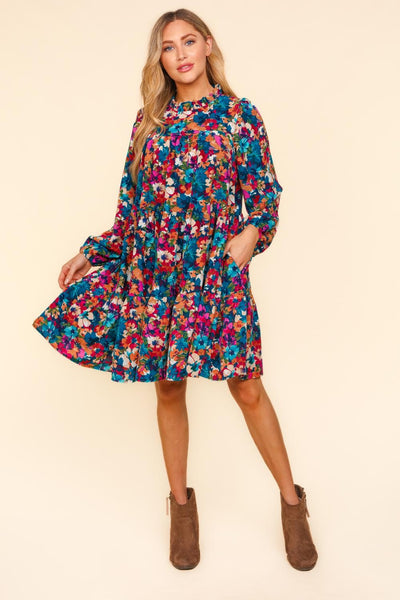 CURVY MOCK NECK KNEE WATER COLOR FLORAL DRESS w/ POCKETS