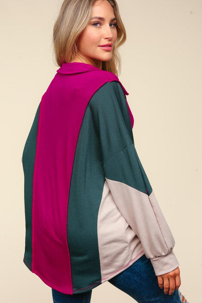 DEEP V NECK COLOR BLOCK OVERSIZED PULLOVER