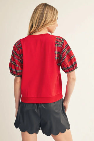 Red Plaid Contrast Short Puff Sleeve Top