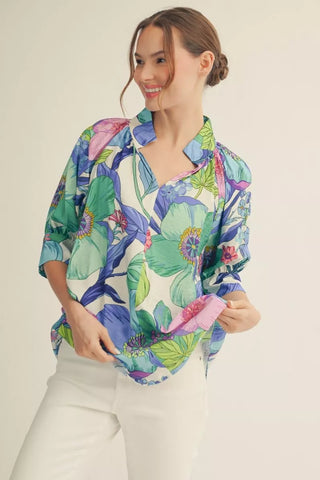 Royal Mix 1/2 Sleeve Standing Neckline Floral Top FINAL SALE