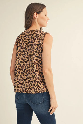 Smocking Edge Detail Leopard Faux Suede Sleeveless Top