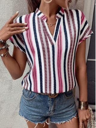 Mauve Striped Notched Short Sleeve Shirt Final Sale