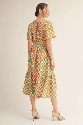 Green/Orange Short Sleeve Geo Print Midi Dress w/ Pockets Final Sale