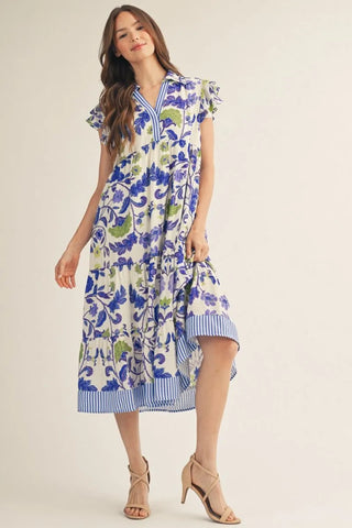Blue Mix Layered Ruffle Sleeve Floral Midi Dress w/ Pockets FINAL SALE