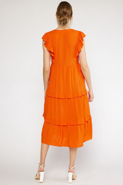 Orange V-neck Ruffle Sleeve Tiered Midi Dress w/ Pockets
