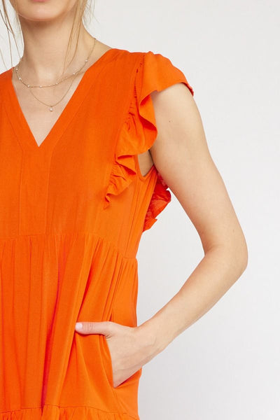 Orange V-neck Ruffle Sleeve Tiered Midi Dress w/ Pockets