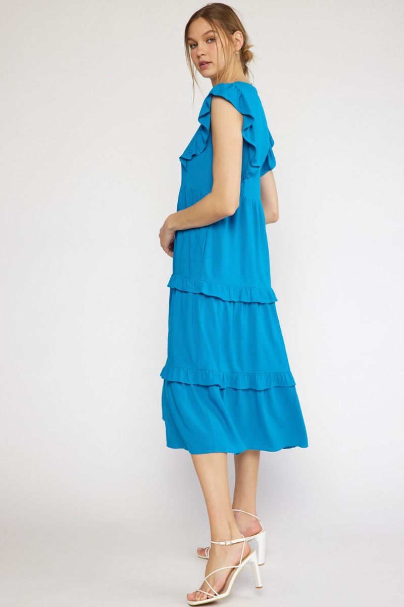 Ocean Blue V-neck Ruffle Sleeve Tiered Midi Dress w/ Pockets