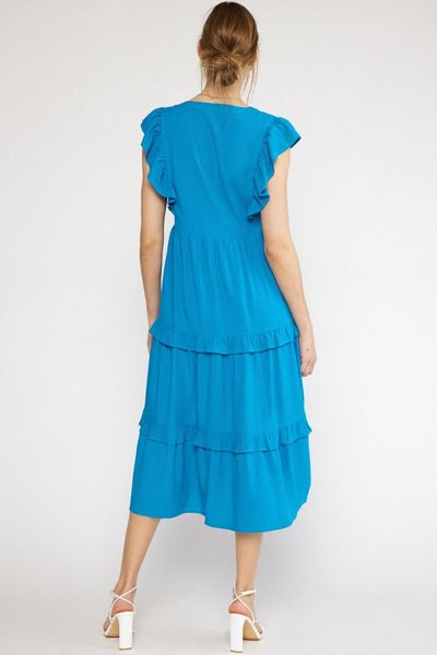 Ocean Blue V-neck Ruffle Sleeve Tiered Midi Dress w/ Pockets