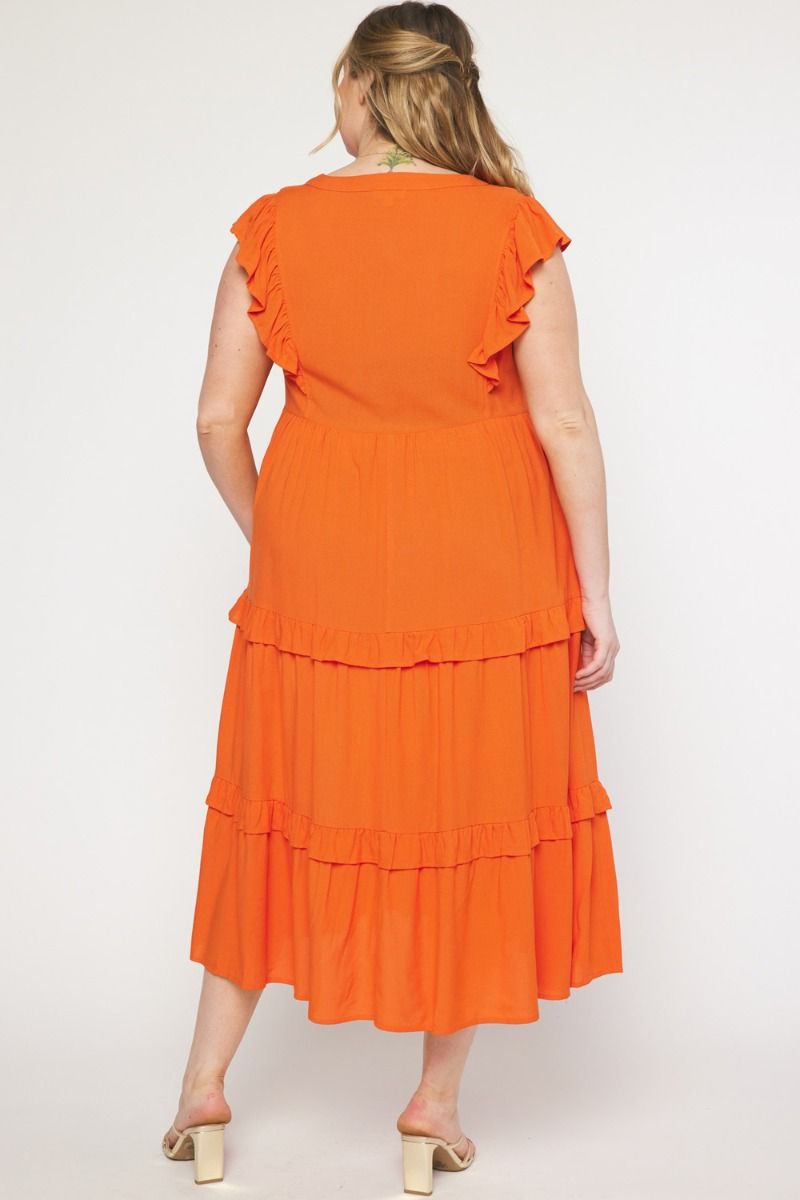 Curvy Orange V-neck Ruffle Sleeve Tiered Midi Dress w/ Pockets