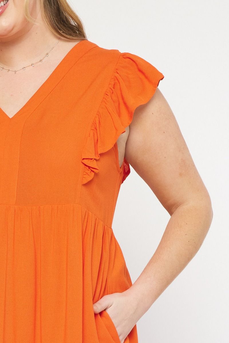 Curvy Orange V-neck Ruffle Sleeve Tiered Midi Dress w/ Pockets