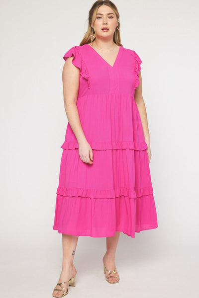 Curvy Pink V-neck Tiered Midi Dress W/ Pockets