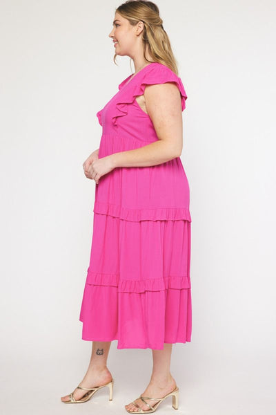 Curvy Pink V-neck Tiered Midi Dress W/ Pockets