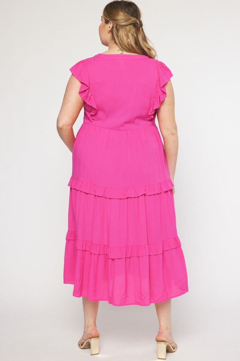 Curvy Pink V-neck Tiered Midi Dress W/ Pockets