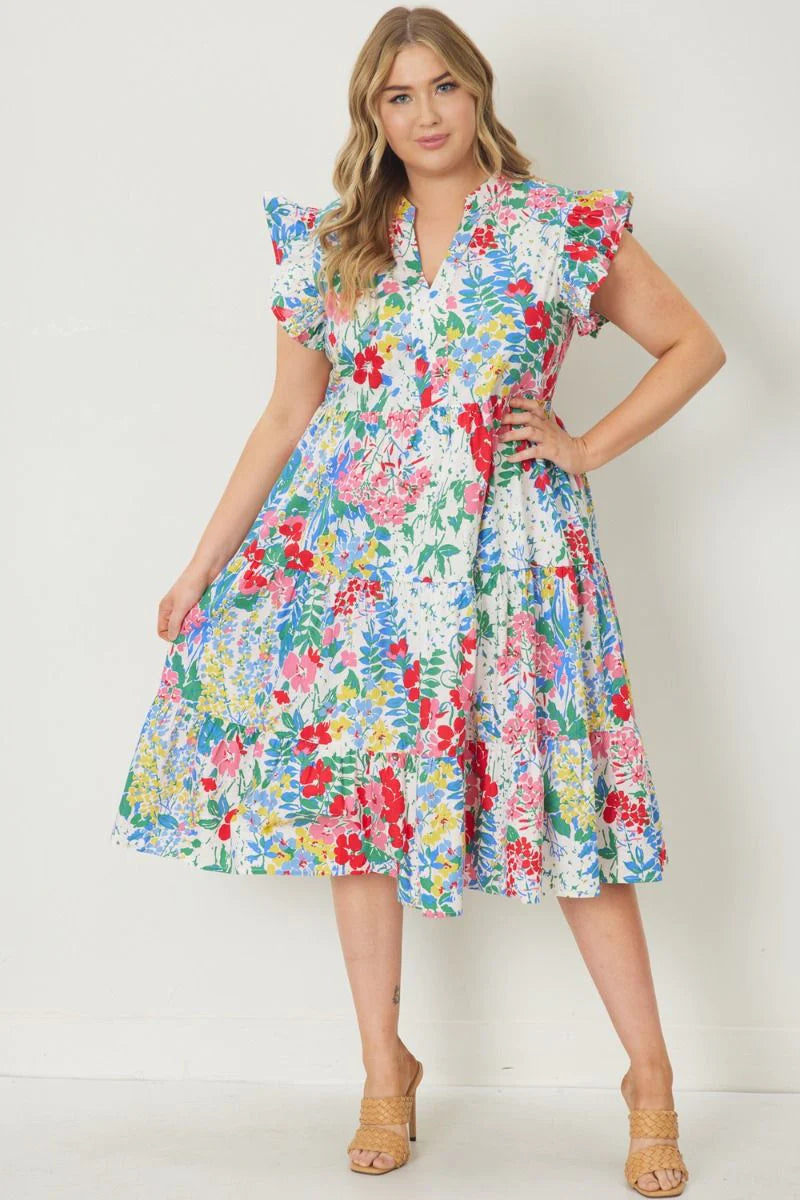 Curvy Off White Floral V-neck Ruffle Sleeve Tiered Dress w/ Pockets