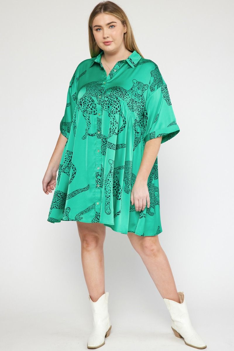 Curvy Green Satin Cheetah Print Collared Button Up Mini Dress w/ Pockets