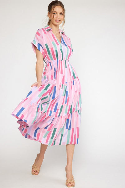 Pink Lavender Striped Assymetrical V-neck Maxi Dress w/ Pockets