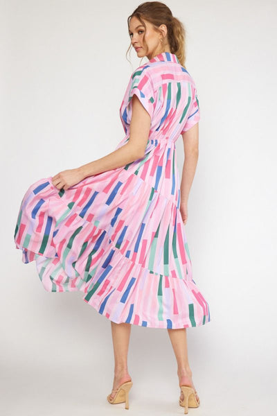 Pink Lavender Striped Assymetrical V-neck Maxi Dress w/ Pockets