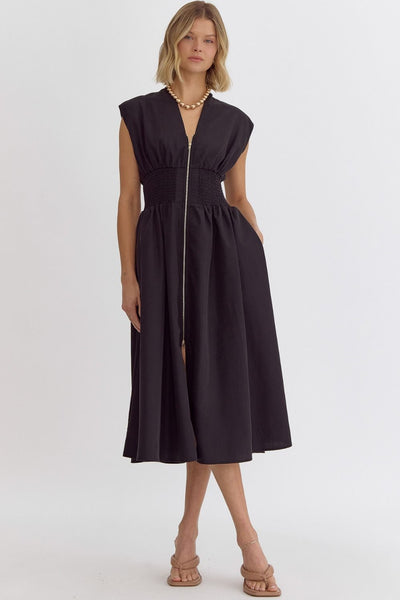 Black Zippered Solid V-Neck Sleeveless Midi Dress w/ Pockets